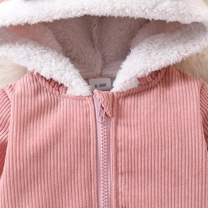 Baby girl casual cute corduroy composite plush fabric zipper fully open thickened hooded long sleeve jacket autumn and winter