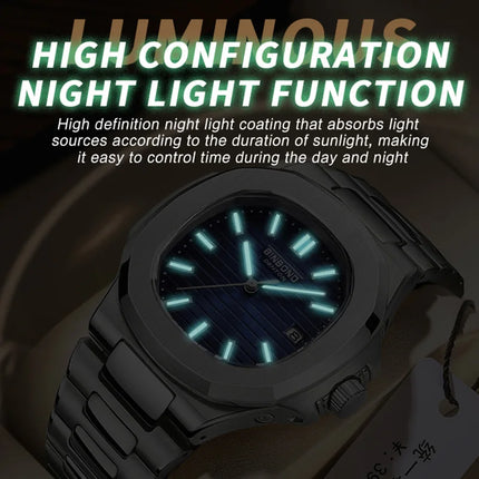 BINBOND Luxury Military Man Watch Square Waterproof Luminous Date Week Men Watch Stainless Steel Quartz Men's Watches Reloj