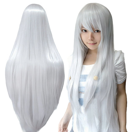 Synthetic Sliver White Long Wig for Anime Cosplay Halloween Costume Party Straight Whitish Wig with Bangs