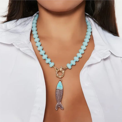 Bohemian Colorful Resin Beaded Necklace for Women Vacation Style Enameled Small Fish Collarbone Accessory