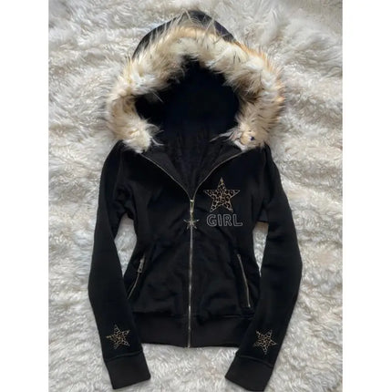 Retro autumn and winter subculture black leopard print star hooded fleece collar zipper sweatshirt Y2K hoodie