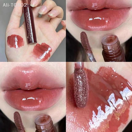 Cappuvini Punk Dark Brown Mirror Water Lip Gloss Waterproof Long-Lasting Liquid Lipstick Tint Red Glaze Transparent Glass