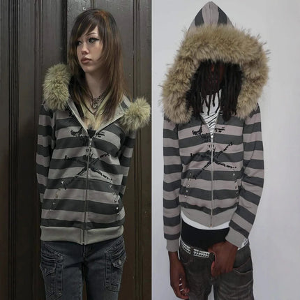 New American loose hooded sports hoodie with striped print for autumn and winter 2026, women's fur collar long sleeved hoodie