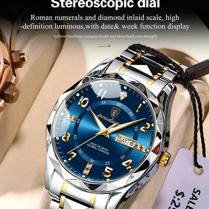 POEDAGAR Luxury Business Men's Wristwatch Stainless Steel Date Week Man Watch Waterproof Luminous Fashion Quartz Watches For Men