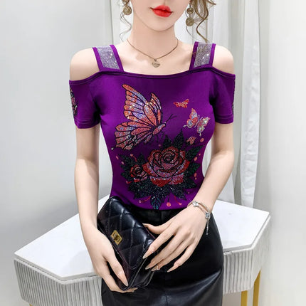 New Summer European Clothes Women's T-Shirts Luxury Butterfly Hot Diamonds Tees Sexy Streetwear Off-Shoulder Tops Shirt