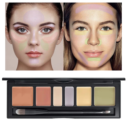 6-color concealer palette with brush,long-lasting concealer, waterproof full coverage concealers,Corrects Dark Circles,Red Marks