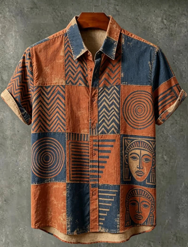 Men's Tribal Portrait Geometric Print Vacation Short Sleeved shirt, For Casual travel, Beach travel, And Ethnic Vacation Style