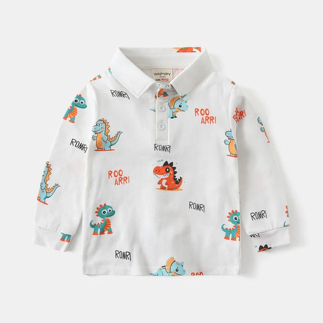 Children Boys Undershirt Tops Spring Kids Boys Long Sleeve Polo Shirt 2-6Y Boys Cotton Dinosaur Print Turn-down Collar Clothes