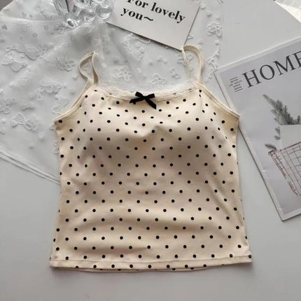 Women Summer Sweet Polka Dot Lace Edge Tank Tops Bow New Inner Layer Bottom Shirt With Bra Pad Slim Backless Sexy Basic Crop Top