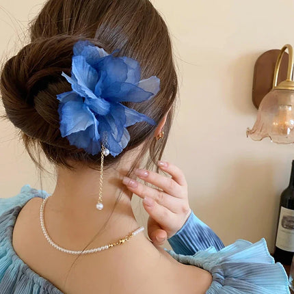 New Chinese Style Gentle Gradient Fabric Flower Hair Sticks for Women Sweet Chains Tassel Imitation Pearl Hairpin Fairy Headwear