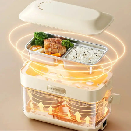 Portable electric lunch box with three-layer stainless steel liner. Can cook and act as a rice heater. has insulation.