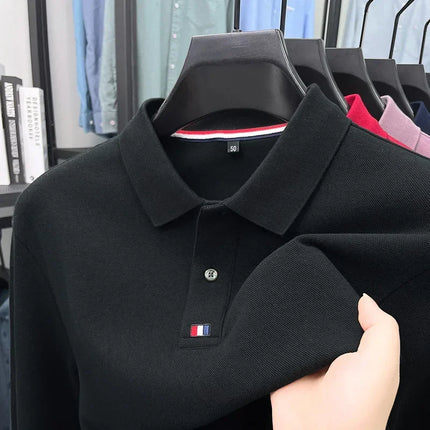 Men's turn-down collar T-shirt, long-sleeved, autumn business style, 100% cotton, casual Polo shirt, men's top, Polo shirt