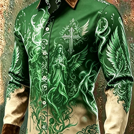 New black satin ethnic style geometric border men's long sleeved shirt retro business casual shirt clothing