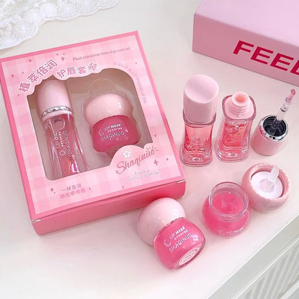 Strawberry Lip Balm & Lip Oil Set Clear Glass Moisturizing Lightweight Hydrating Jelly Day & Night Lip Mask Set Makeup Lips Care