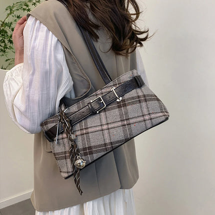 Girls Canvas Plaid Armpit Bag Fashion Checkerboard Grid Tote Handbag Vintage Shoulder Bag Retro Large Capacity Top-Handle Bags