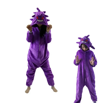 TAKARA TOMY Gengar Costume Onesie Kigurumi Flannel Zipper Women Pajamas Anime Jumpsuit Homewear Halloween Party Set