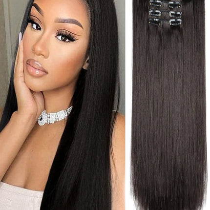 24 Inch Natural Hair Clips Synthetic Hair for Women Hair Tinsel Kit 16 Clips-on Hair in 6pcs Hair Extensions Wicks for Hair
