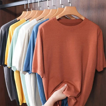 2025 Superfine Merino Wool T-Shirt Men's Knitted O-neck Breathable Thin Cashmere Short Sleeve Tee Solid Color Tops