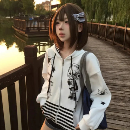 Japanese Y2k Hoodies Jackets Women Clothes Polka Dot Cat Print Sweatshirts 2025 Ropa Mujer Casual Chic Hooded Cute Hoodie Tops