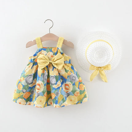 2 Pcs Summer Baby Girl Dress Sweet Oil Painting Flower Big Bow Cotton Cloth Dress Gift Hat Suitable for 0-3 Years Old