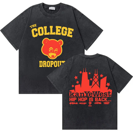 Washed Vintage Rapper Kanye West Graduation Bear Graphic T Shirt Men Pure Cotton T-shirt Men's Hip Hop Fashion Oversized Tshirt