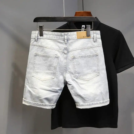 Summer Old Light White Cat Whisker Ripped Denim Four-and-five Pants Men's Slim-fitting Small Feet Versatile Trend Short Pants