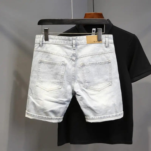 Summer Old Light White Cat Whisker Ripped Denim Four-and-five Pants Men's Slim-fitting Small Feet Versatile Trend Short Pants
