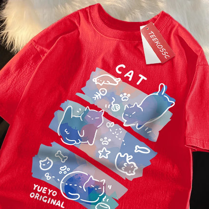 Fun Mischievous Cat Print Japanese Style T-Shirts Men Women Fashion T-Shirts Breathable Summer T-Shirts Cotton Loose Tee Clothes