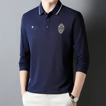 New Men's Long-sleeved Cotton Polo Shirt Fashion Embroidery Casual Bottom Pullover Shirts Tops Men's Clothing