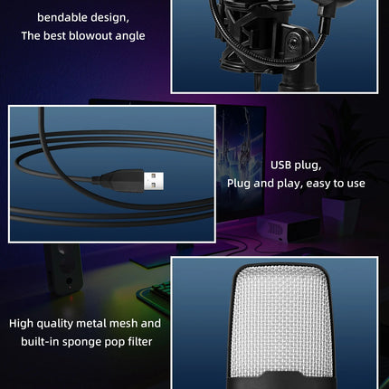 Gaming Computer Professional Condenser Microphone Mic PC Laptop USB Wired Live Streaming Podcast Studio Mike Kit Gamer Karaoke