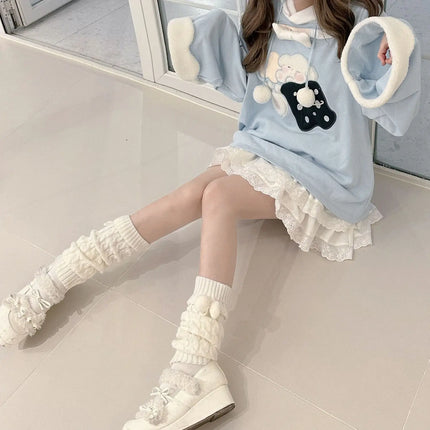 Japanese Girl Cream Spliced Cute Ear Hoodie with Puppy Embroidery Hooded Loose Top Jacket
