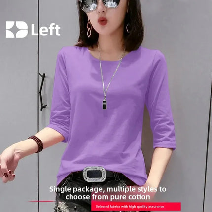 High-End Pure Cotton T-Shirt Women's Summer 3/4 Sleeve 2025 New Korean Style Fashionable Simple Slimming Top Body Shirt