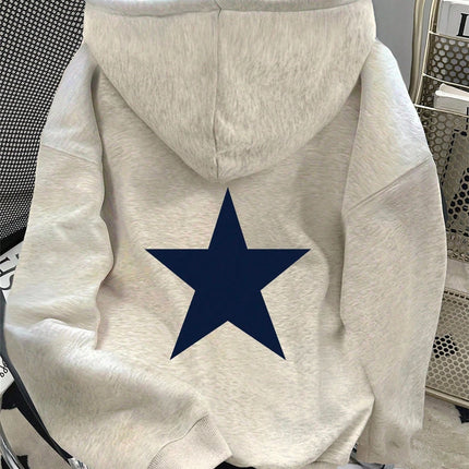 Womens Cotton Hoodie Light Gray Loose Fit Autumn Winter Warmth Casual Streetwear Front Small Star Back Large Star Pattern