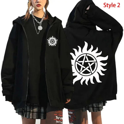 Fashion Unisex Autumn Winter Coat Supernatural Print Zipper Hoodie Casual Long Sleeve Tops Women Men Harajuku Zipper Sweatshirt