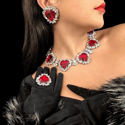 Exaggerated Rhinestone Red Heart Necklace Earrings Women Fashion Romantic Jewelry Set Light Luxury Banquet Wedding