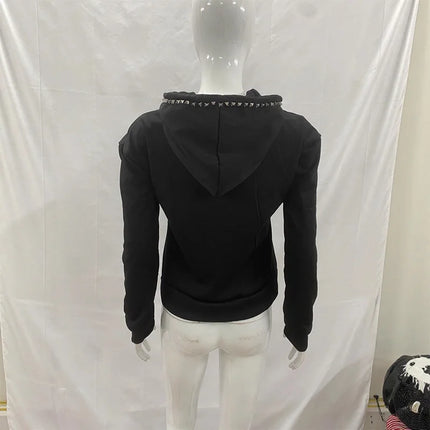 Y2K New Emo Fashion Rivet Zipper Hoodie Women Harajuku Black Oversized Hoodie Gothic Retro Classic Sweatshirt Winter Clothing