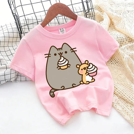 Cute Pusheens Children's Cotton T-shirt Short Sleeve Clothes Anime Popular Cartoon Kids Girl Tees Streetwear Toddler Casual Tops