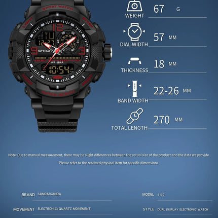 SANDA 6130 Dual Display Men Watches Waterproof Sport Watch Military Man Alarm Stopwatch Quartz Wristwatch Men LED Digital Clock