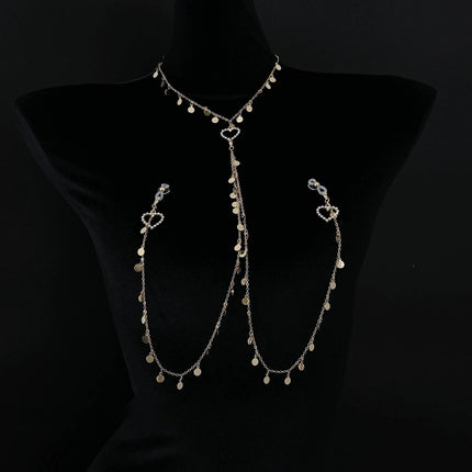 Metal Sequined Heart Nipple with Long Chain Clamps Pair Bells  Chain Clips BDSM Women Toys Adult Sex Games Breast Stimulate 18+