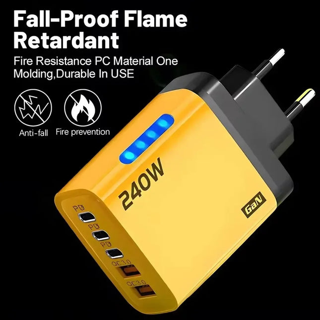 240W GaN Fast Charger with LED Light, 5-in-1 (2 USB + 3 Type-C) Multi-Port Phone Charger for iPhone 15-17 Series, Samsung, Huawei, Xiaomi