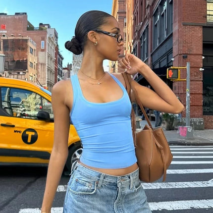 Hugcitar 2025 Summer Solid Straps Sexy Slim Crop Tank Top Women Casual Y2K Clothes Streetwear Party Sport Festival Wholesale