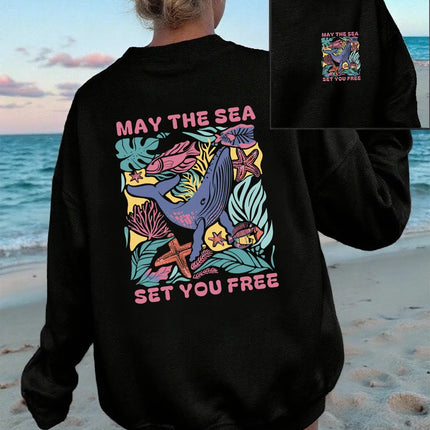 May The Sea Set You Free Printing Sweatshirts Womens Crewneck All-Match Hoodie Loose Fleece Warm Tops Autumn Comfortable Clothes