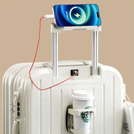 20 Inch Multifunction Large Capacity Luggage Business Carry on Boarding USB Charging Cup Holder 360° Spinner Wheels Suitcase