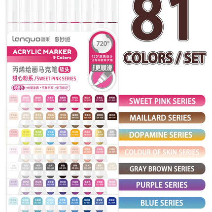 Languo 9pcs/box Soft Brush Acrylic Marker Pen Set，DIY Hand Drawn,Paint Art Markers pens,Student Graffiti Acrylic Paint Pens,M720