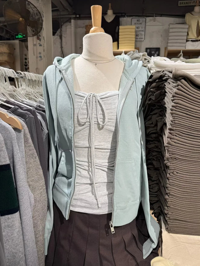 Mint Green Sweet Zip-up Hoodie Woman Autumn Zipper Drawstring Hooded Long Sleeve Cotton Sport Sweatshirt Slim Hoodies Y2k Tops