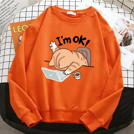 Funny Womens Solid Hoodies Computer Cat Basic Warm Fleece Sweatshirt Soft Breathable O-Neck Pullover Casual Female Clothes