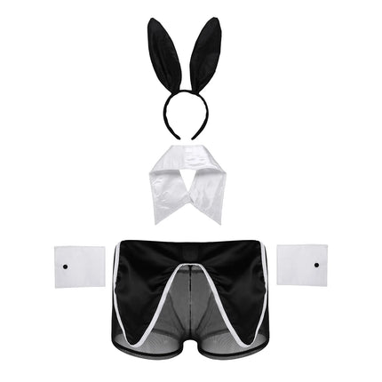 4pcs Mens Bartender Costume Waiter Outfit Sexy Costume Role Play Clubwear Underwear Set Bunny Ears Mesh Boxer Shorts Sexy Suit