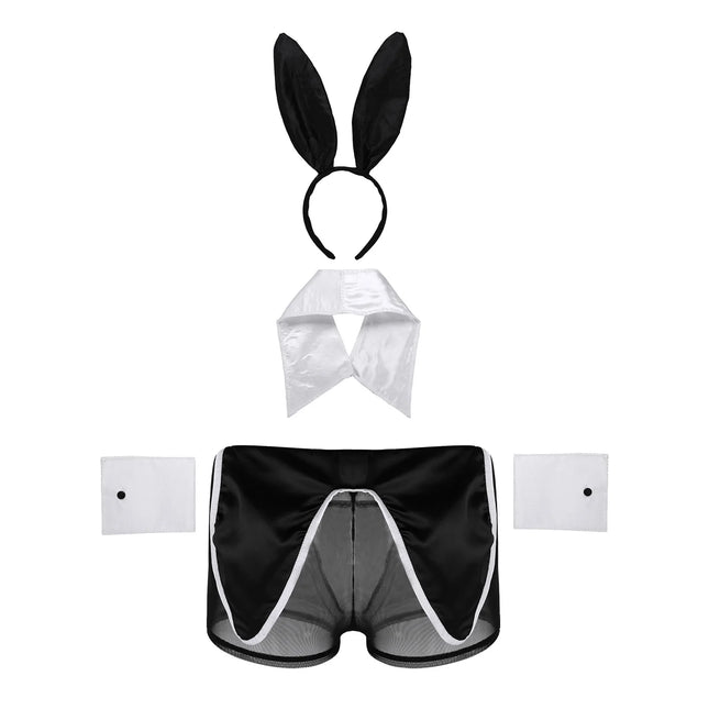 4pcs Men's Bartender Costume Waiter Outfit Sexy Costume Role Play Clubwear Underwear Set Bunny Ears Mesh Boxer Shorts Sexy Suit