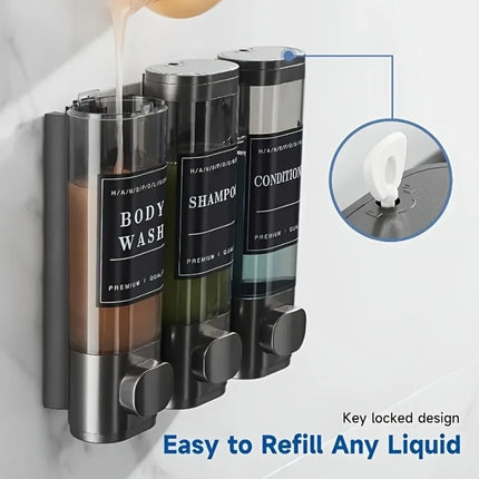 300ML*3 ABS Triple Shampoo and Conditioner Dispenser Wall Mounted Soap Dispenser Shower Gel Dispenser No Drilling for Bathroom