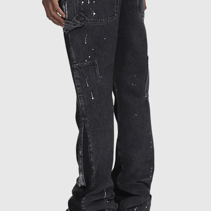 2025 Men's Fashion Jeans Work Pants, European and American Fashion Workwear Elastic Patchwork Denim Layered Flared Pants S-XXL